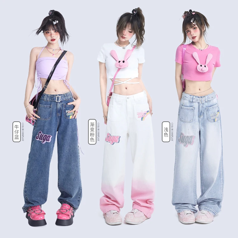 Sweet Woman Gradient Pink Jeans 2023 New Women's Summer Streetwear Loose High Waist Embroidery Straight-Leg Denim Pants Femme