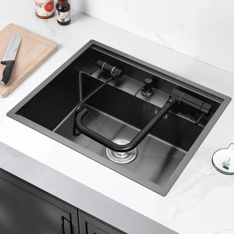 Nano Black/Brushed Nakajima Bar Sink Hidden Kitchen Sink 304 Stainless Steel Single Groove Invisible with Cover