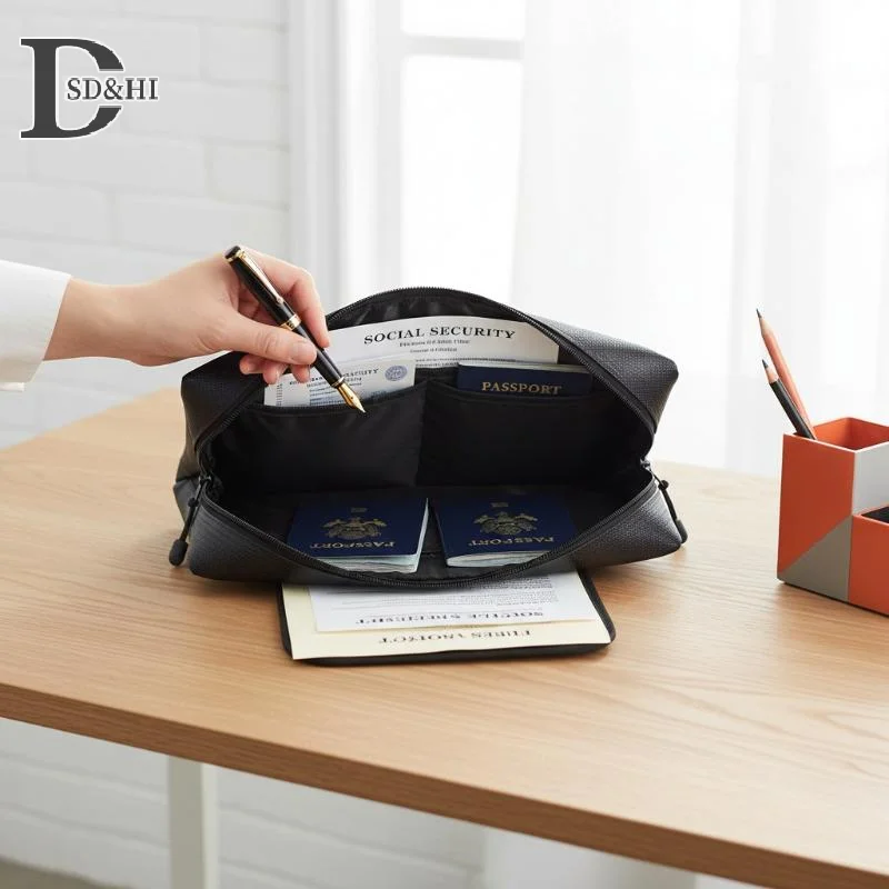 다양한 크기의 방화 및 방수 가방 증명서, 머니 카드용 지퍼가 달린 소형 ID 카드 보관 가방(검정색, 은색) 1PC