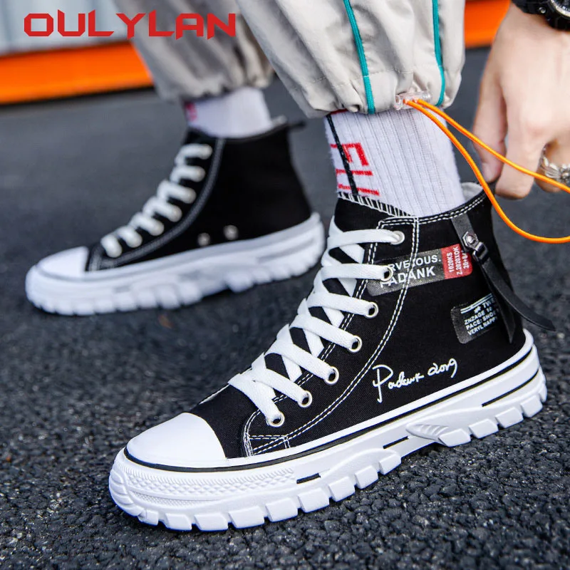 High Top Breathable Canvas Shoes Fashion Style Men Casual Non-slip Wear-resistant Footwear Letter Trendy Student