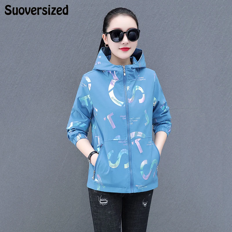 

Oversized 5XL Loose Hooded Print Casual Short Jacket Spring Fashion Zipper Chaquetas Korean Couple Long SleeveThin Woman Coat