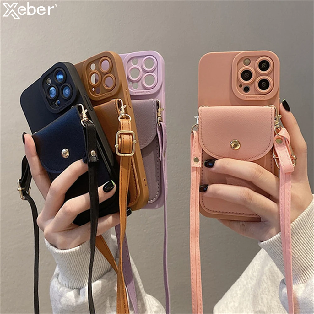 Wallet Leather Crossbody Neckband Lanyard Phone Case for iPhone 15 14 11 12  13 Pro Max X XS XR 7 8 Plus Luxury Card Holder Cover