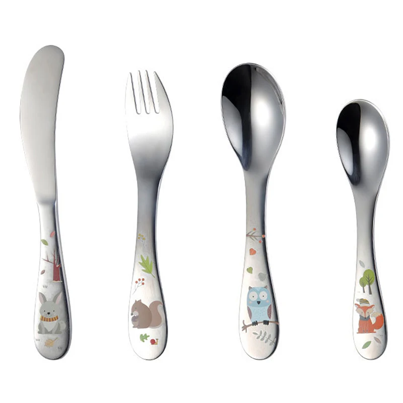 1/4pcs Stainless Steel Kids Cutlery Cartoon Pattern Carving Child Tableware Cute Spoon Fork Set Baby Flatware Feeding