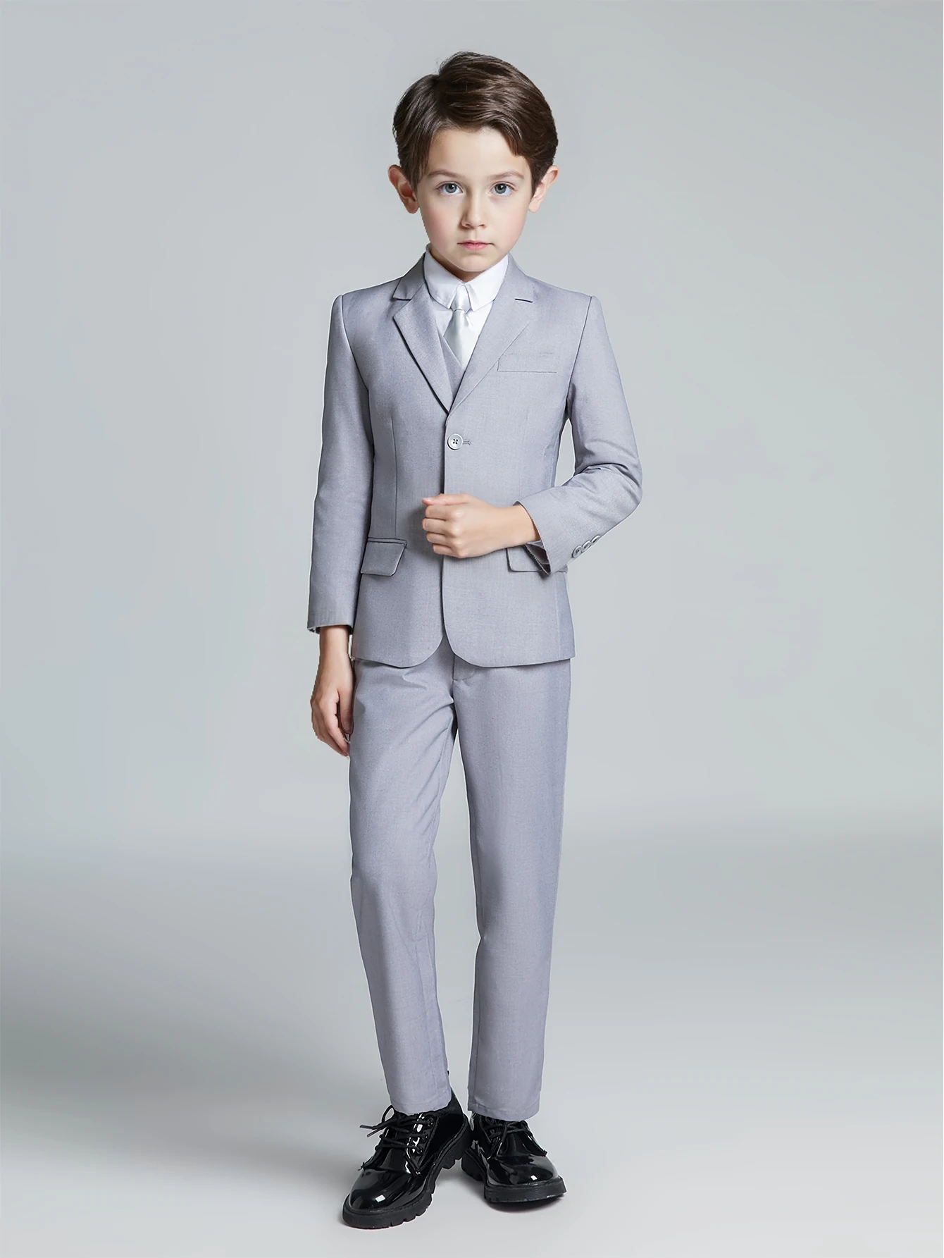 Jungenanzug für den Schulanfang, 5-teilig, Jacke, Weste, Hose, Hemd, Krawatte, zufällige Kinderanzüge, Hochzeit, Leistung, formell – Detail 9