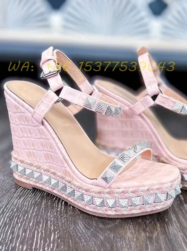 

Wedges Sandals Rivets Embellished Rope Sole Ankle Straps Buckle Round Open Toe Platform Hollow Designer Women's Summer Shoes