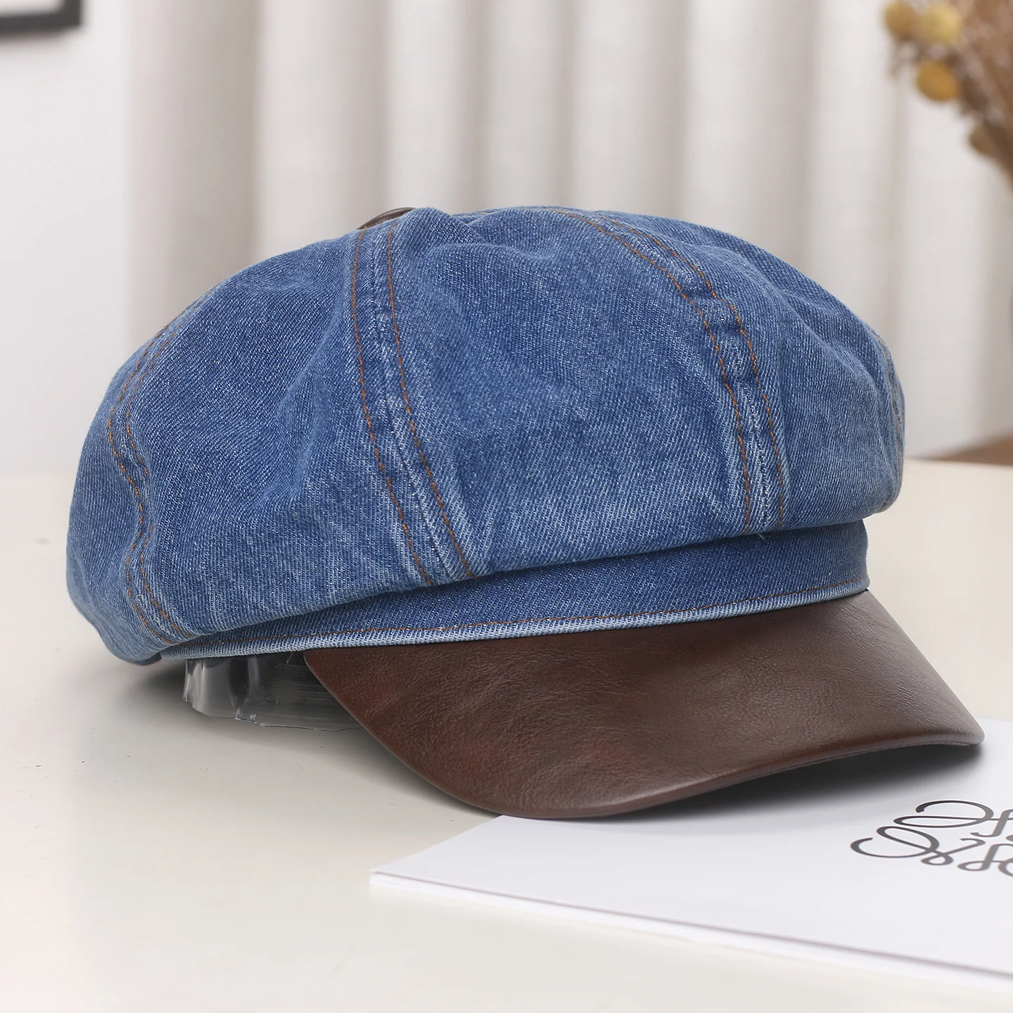 Vintage-Zeitungsjungenmütze aus gewaschenem Denim – achteckige Baskenmütze im Used-Look für Damen | Herbst Winter Mode Hut Pu Leder Krempe Maler Kappe – Detail 4