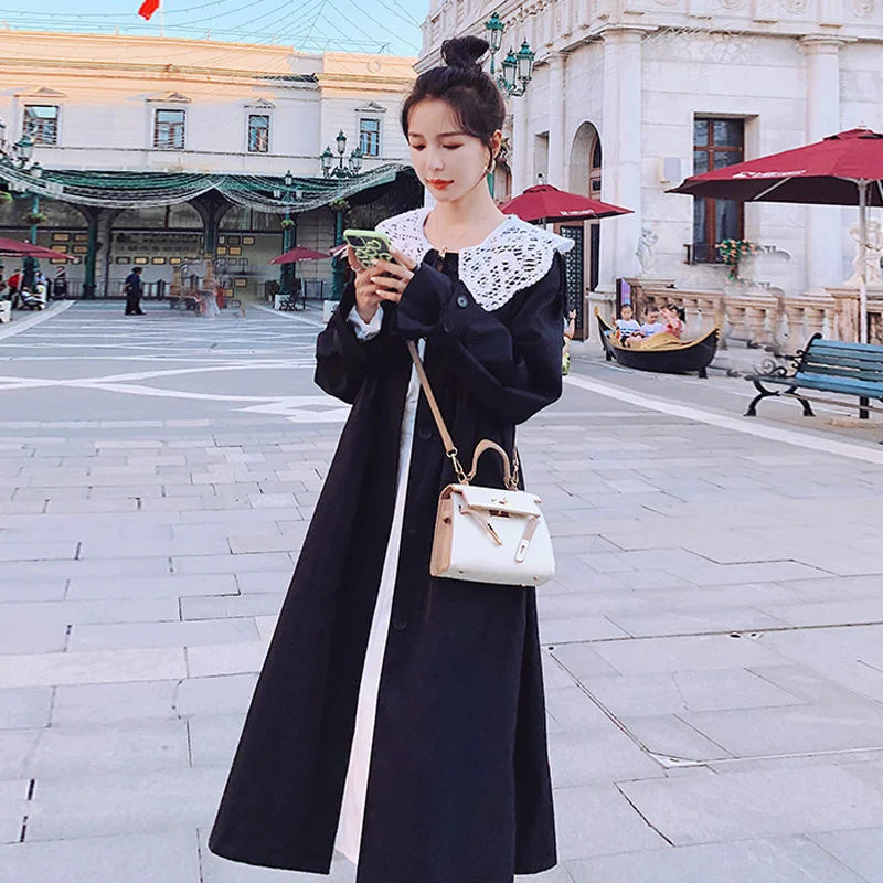 black puffer coat Korean Trench Coat For Women Spring Autumn 2022 New Lace Collar Loose Windbreaker British Style Long Overcoat ladies long puffer coat Coats & Jackets