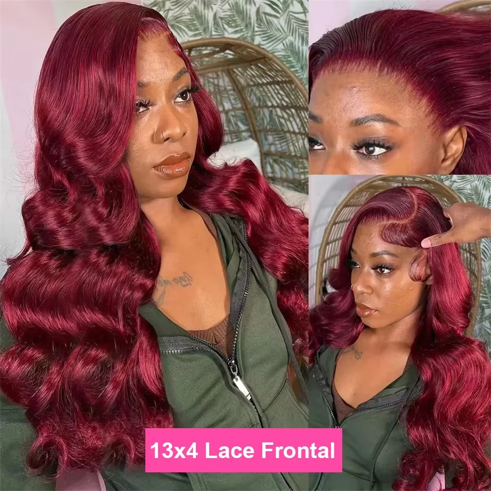 200% Body Wave Wig Burgundy 99J Lace Front Wig 13x4 13x6 HD Lace Frontal Wig Human Hair Pre Plucked 99j Red Colored Wig