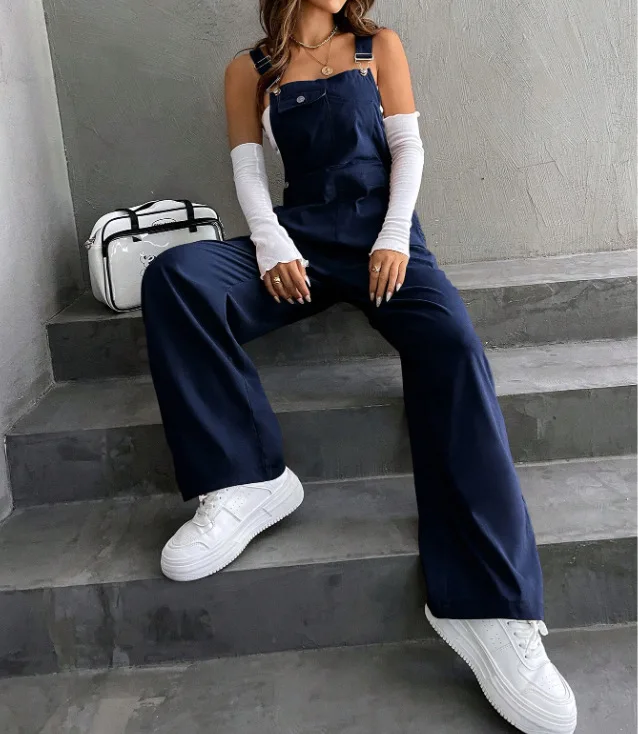 Retro Pocket Solid Color Straight Leg Utility Overalls Loose Fashion Casual Pants