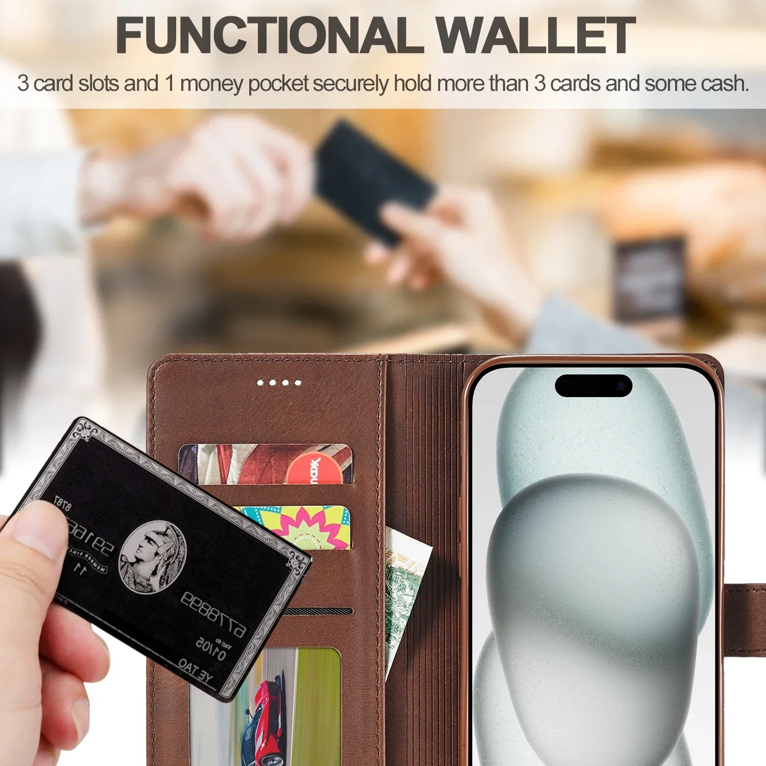Leather Folding Wallet Phone Case with Card Holder & Kickstand Feature