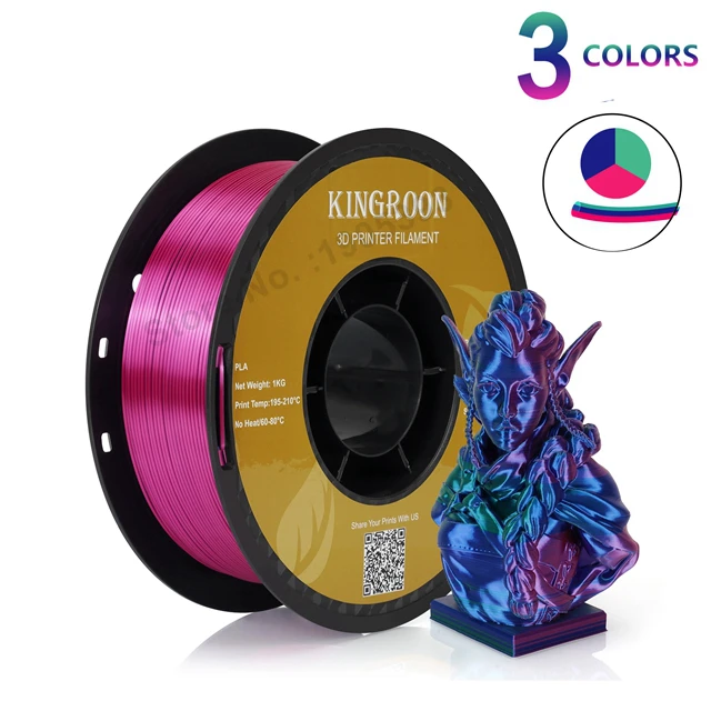 Kingroon plástico pla de seda tricolor para impressora 3d, filamento de impressão 3d multicolorido 3 em 1 pla 1.75mm 1kg mais novo