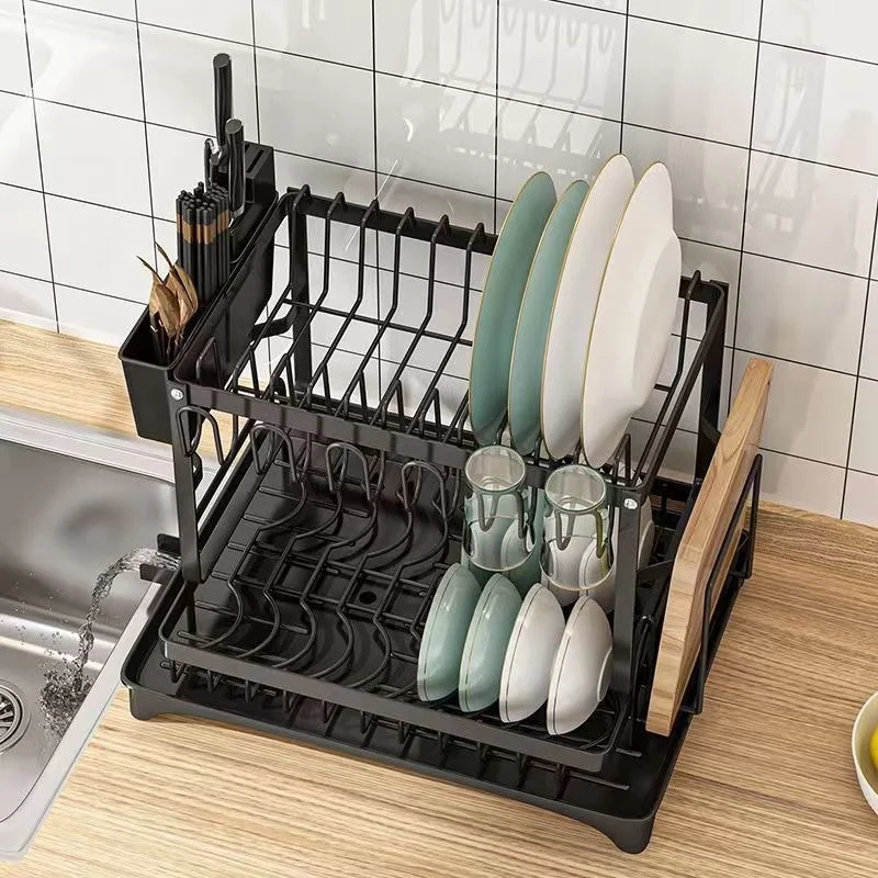 2-tier Kitchen Drain Rack Dish Storage Rack Kitchen Dish Drying Rack with Drain Tray Countertop Tableware Storage Drain Board 3