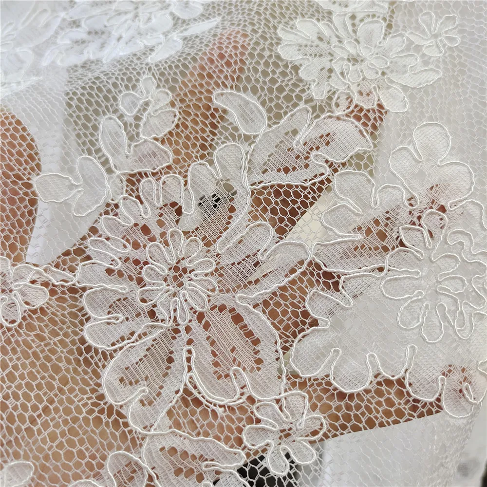 Jacquard Cording Lace Fabric Off White Florals Wedding Dress Material 2023 Special Price!