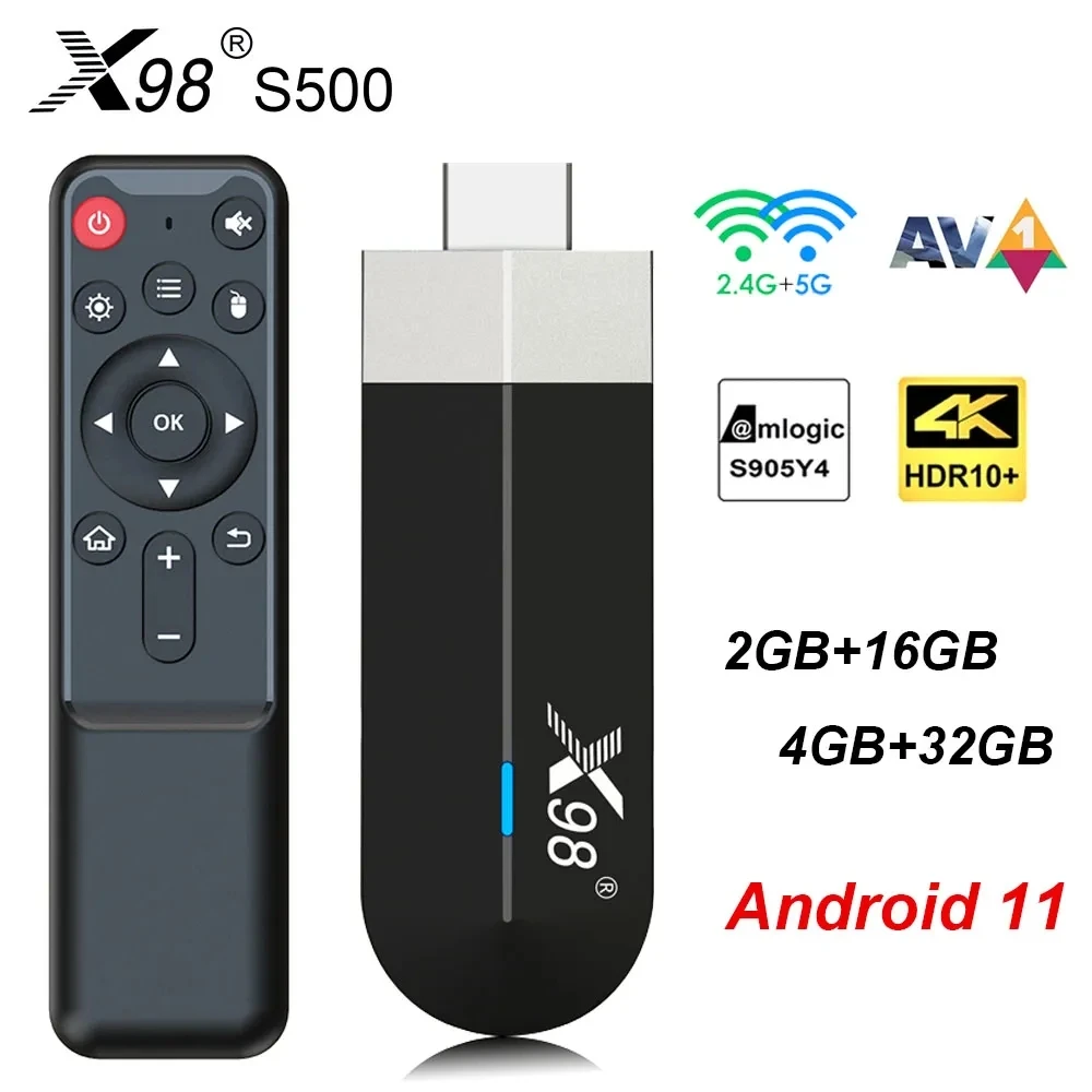 X98 S500 Android 11 TV Stick Smart TV Box Amlogic S905Y4 2G16G /4G32G AV1 4K 60fps 2.4G&5G Dual Wifi X98 Dongle Set Top Box