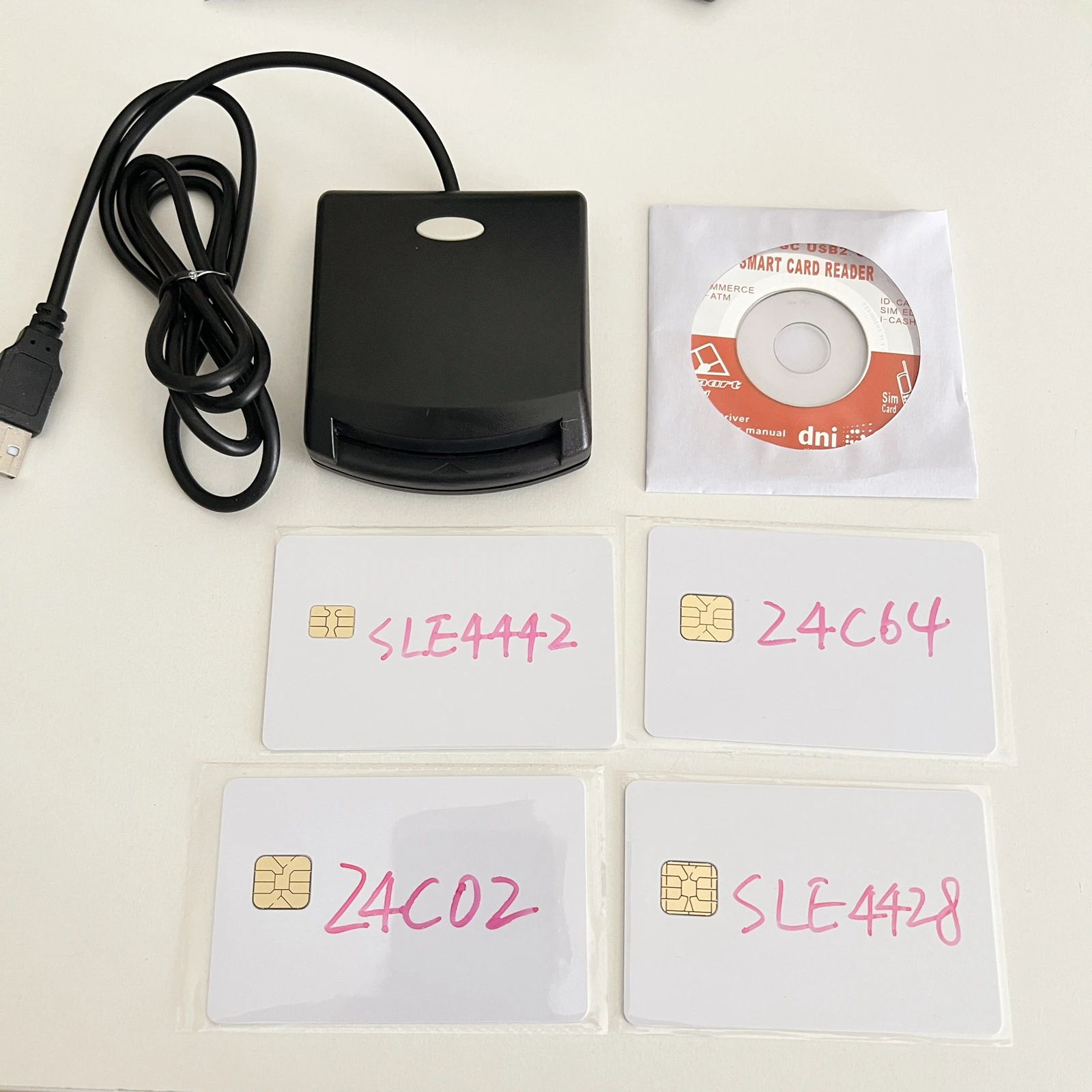 ISO7816 Contact EMV SIM eID Smart Chip Card Reader Writer Programmer for Contact Memory Chip Card +2 PCS Test Cards&SDK Kit