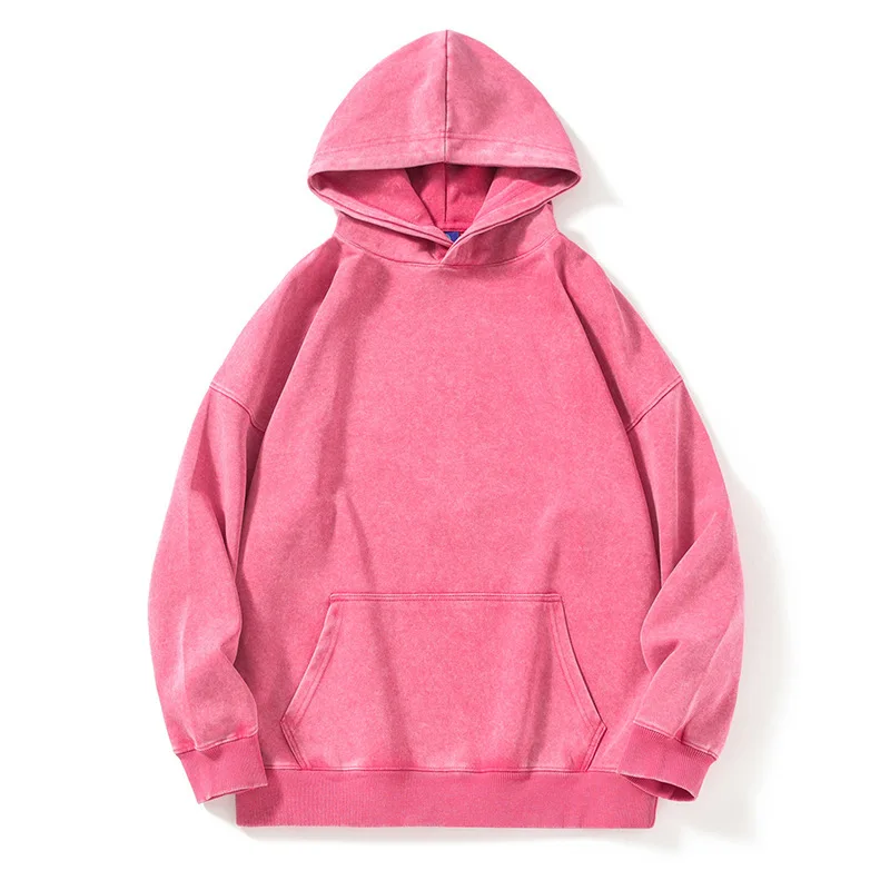 New Washed Retro Distressed Pure Cotton Hoodie for Men and Women, Solid Color Pullover, Fashionable Casual Hooded Sweatshirt 4