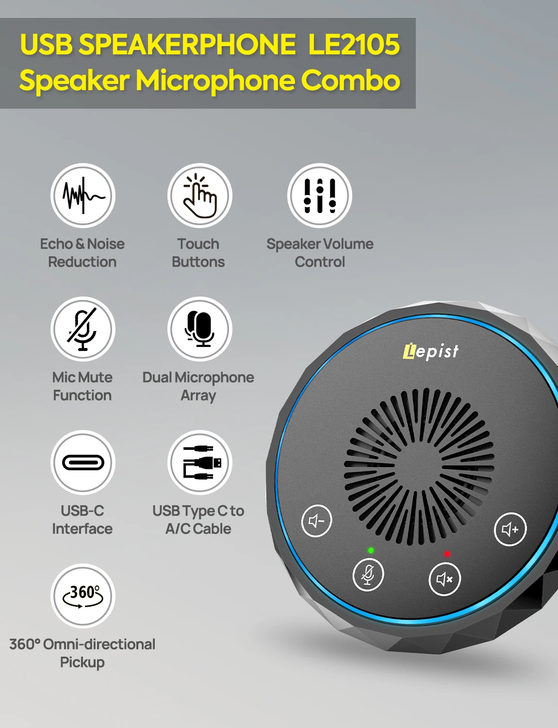 USB&Type-C 스피커폰 스피커 마이크, 터치 버튼 360 °   회의용 무지향성 픽업 Skype Zoom 컴퓨터 마이크