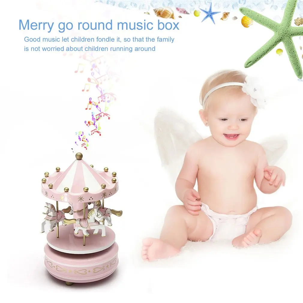 Wooden Merry-Go-Round Carousel Music Box For Kids Toys Wedding Birthdays Gift Wind-Up Horse Fairground Musical Box