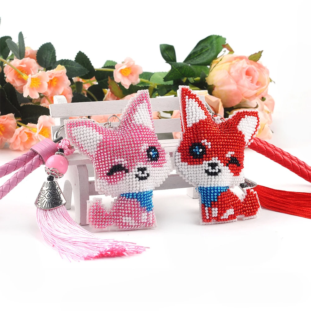 Cartoon Animal Mosaic Beads Embroidery Keyrings Art Handmade Beads Cross Stitch Keyring Kit Gift for Friends 2Pcs