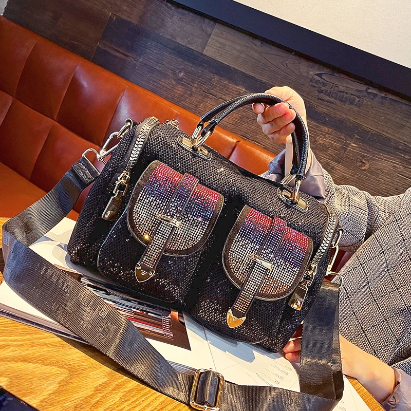

Genuine Leather Hand Bags Women 2022 Designer Handbags High Quality Shining Rhinestone Sequines Ita Bag Shoulder Tote Sac