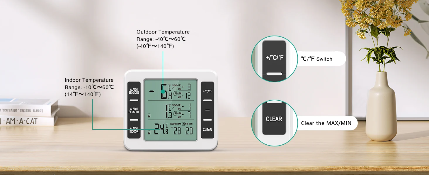 Description Picture 4 of itemRefrigerator Thermometer, Wireless Indoor Outdoor Temperature Monitor with Audible Alarm Temp Gauge for Freezer Kitchen Home