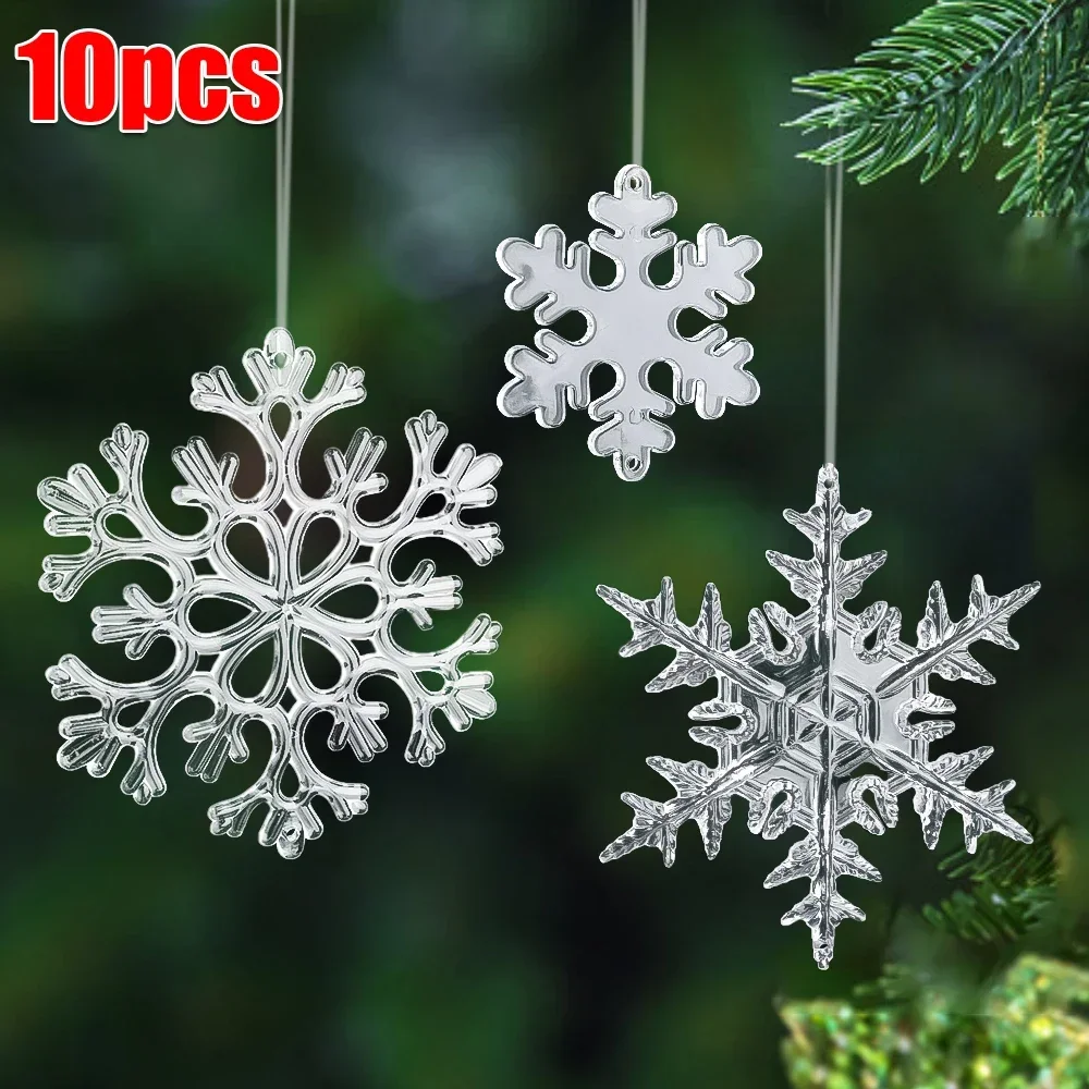 10pcs Christmas Snowflake Pendant Acrylic Transparent Crystal Pendant Ornaments Christmas Tree New Year Home Decorations