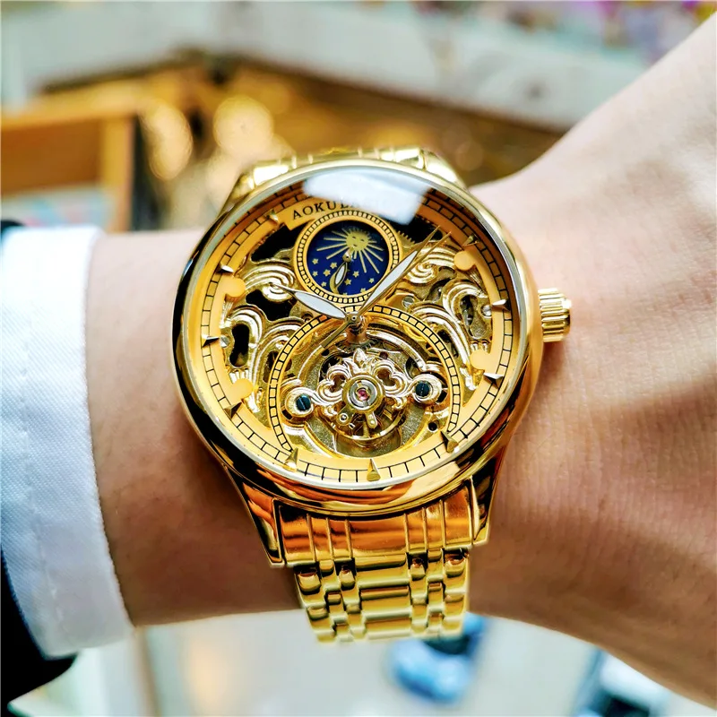 Мужские часы-скелетоны AOKULASIC, роскошные золотые автоматические механические наручные часы с Лунной фазой, мужские часы