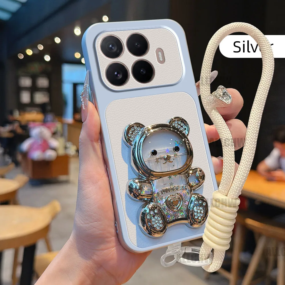 Adorable 3D Bear Bracket Stand Phone Case with Litchi Texture and Hanging Rope