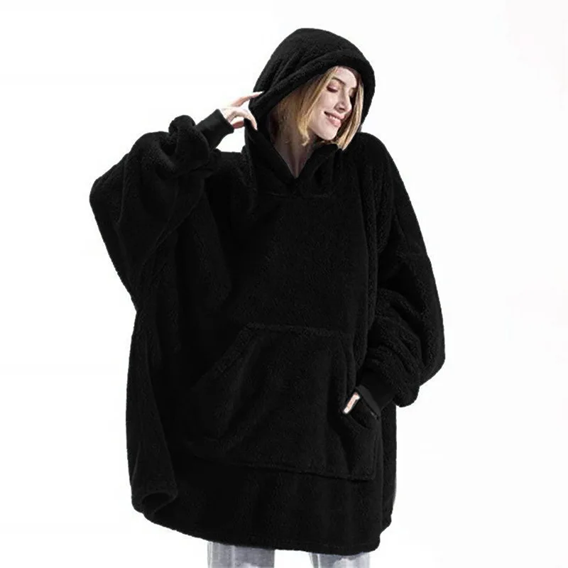 Women Winter Thick Warm Hooded Outerwear Solid Elegant Soft Double Fleece Jacket Unisex Pocket Pullover Long Hoodies Home Wear 5
