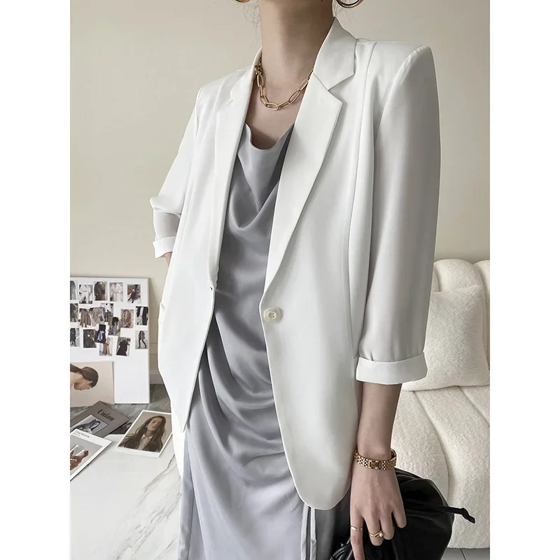 Black Suit Jacket Chiffon Blazers Women 2023 Half Sleeve Spring Autumn Korean Style Casual High-end Slim Suits Straight Coats