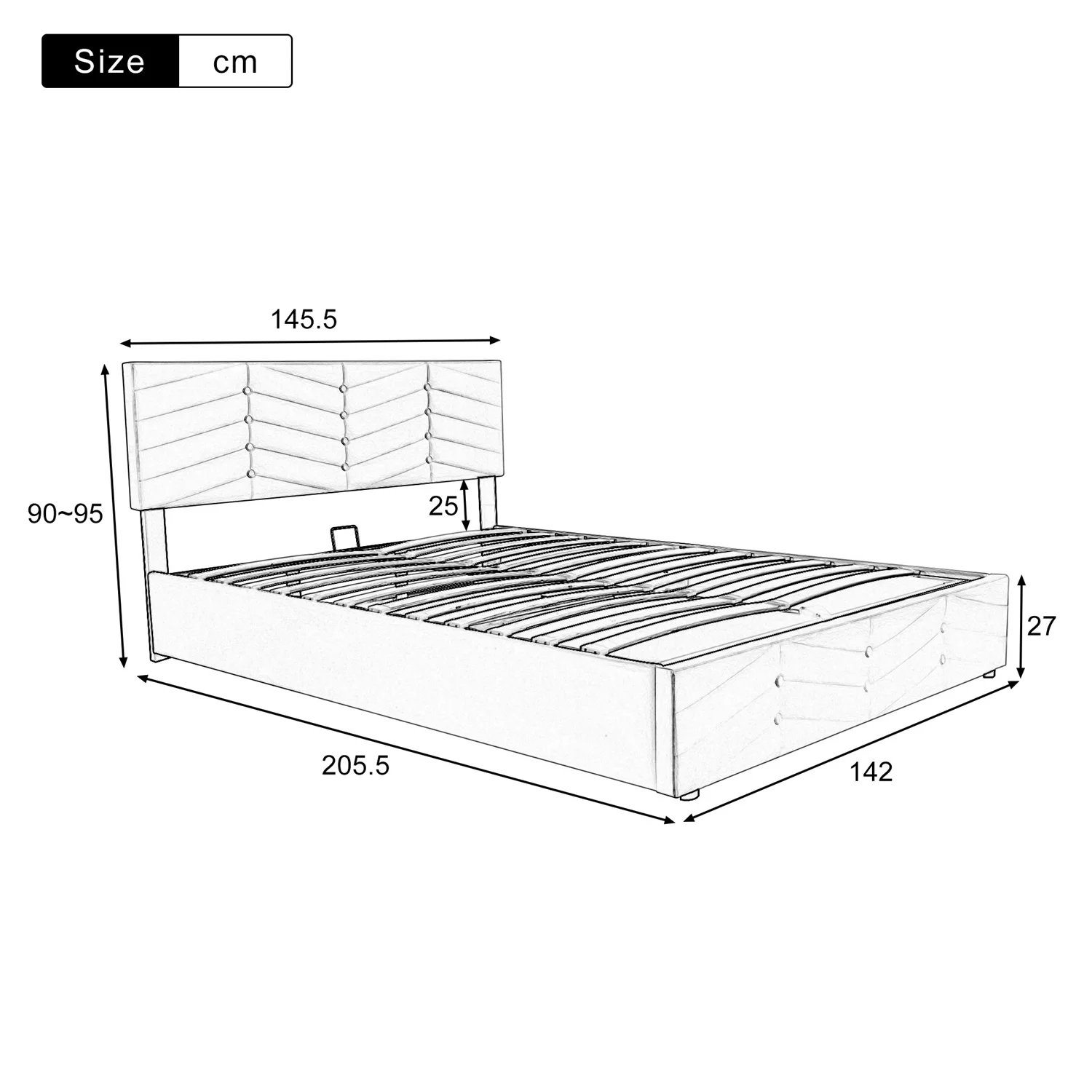 Upholstered Bed 140*200 with Lattice + Headboard, Height Adjustable Headboard Large Storage Space, for Adults Teenagers Bedroom