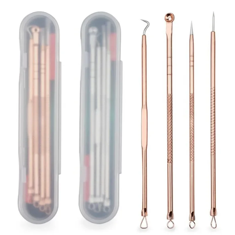 4pc/set Acne Blemish Remover Blackhead Extractor Black Dots Cleaner Needles Set Black Spots Pore Cleanser Tool Rose Gold Sliver