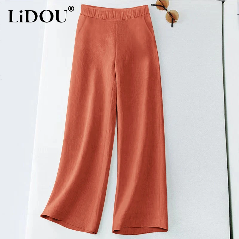 

Summer Korean Style Solid Color High Waist Linen Straight-leg Pants Women Loose Casual Aesthetic Vintage Lady Wide leg Trousers