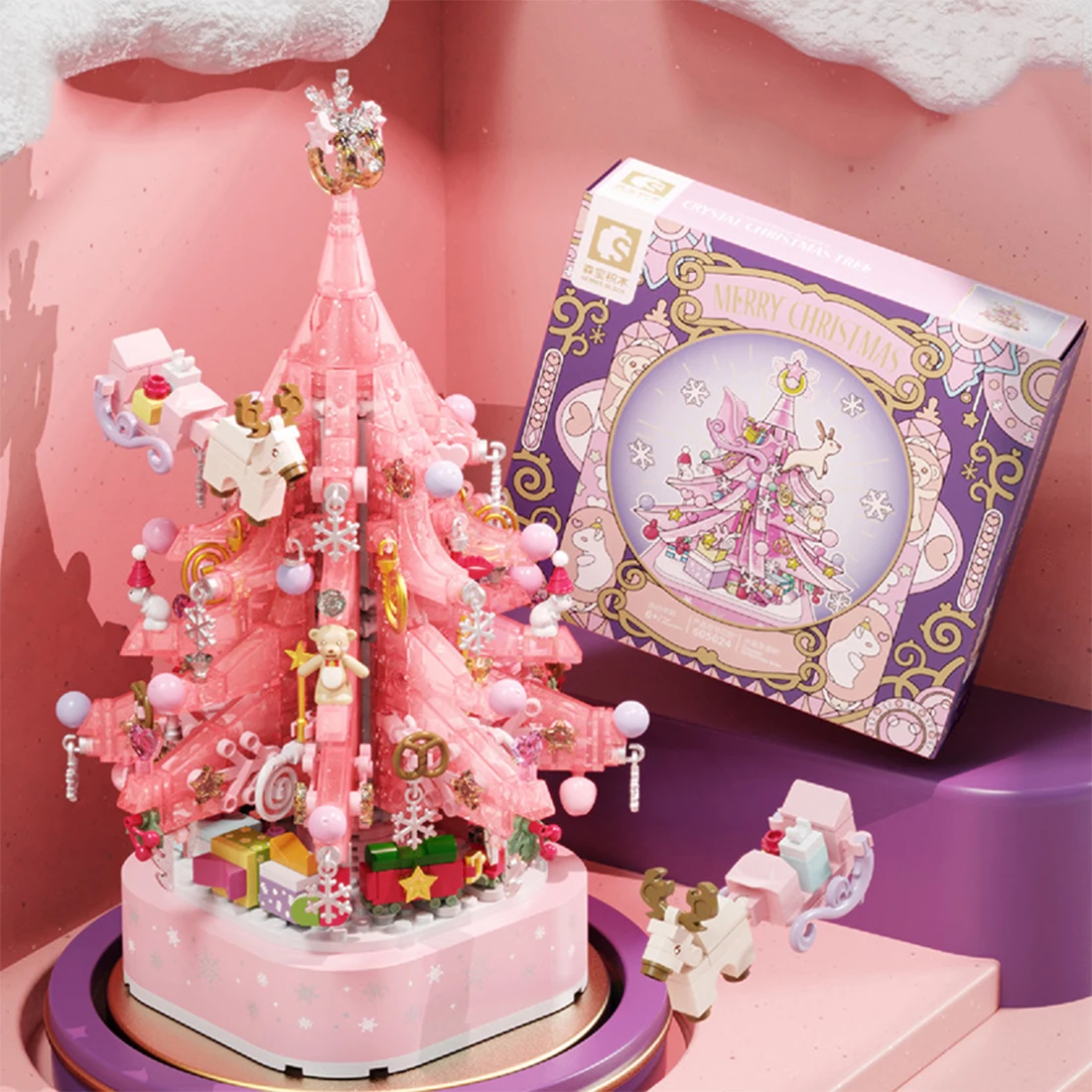 Pink Crystal Christmas Tree Music Box Micro Building Blocks Assembled Christmas Decorations Mini Bricks Toy For Gifts