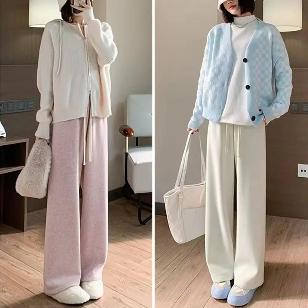 

Autumn Winter Women Solid Color Casual Long Pants Elastic High Waist Drawstring Straight Wide Leg Draped Woolen Trousers