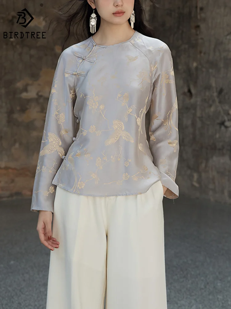 BirdTree 50% Mulberry Silk Shirt Coat Set for Women, Satin Jacquard Long Sleeve, Elegant Retro Top Sets, Spring S41093QM
