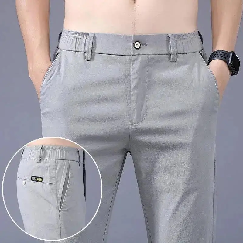 thumbnail image 1 of Pantalones casuales ajustados de color blanco roto para hombre, pantalones formales de negocios ajustados para hombre, pantalones holgados de poliéster con bolsillos arrugados de verano, 1 of 5