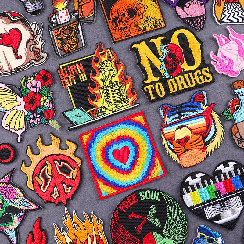 

Flame/Skull Embroidery Patch Punk Letter Patch Iron On Patches For Clothing Thermoadhesive Patches On Clothes Jacket Sew Sticker