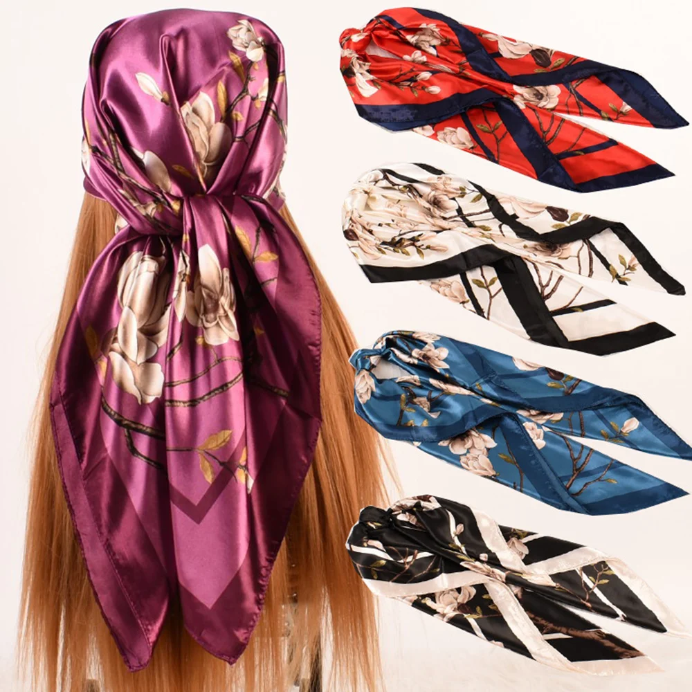 

90*90cm Muslim Hijab Handkerchief Sunscreen Satin Square Scarves Floral Silk Large Scarf Four Seasons Soft Fashion Headscarf