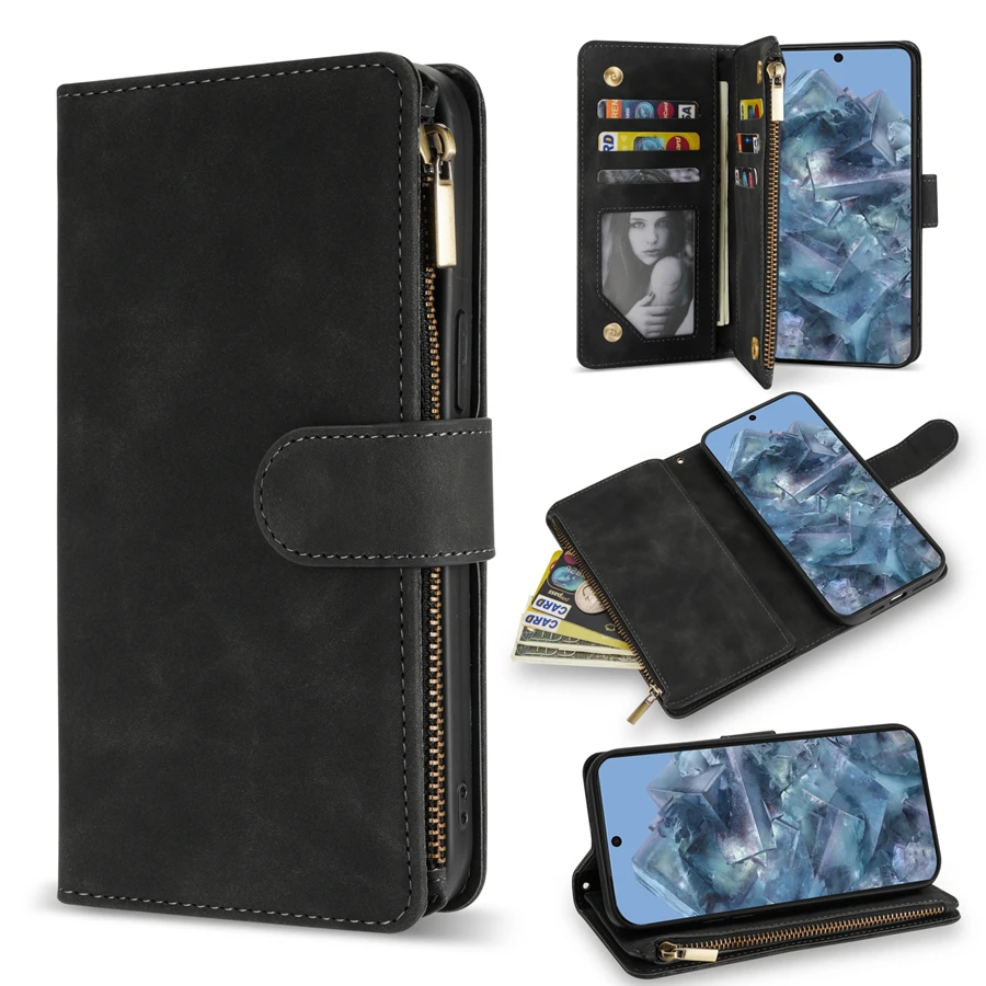 Brieftasche Multi-karte Zipper Ständer Foto Rahmen Magnetische Flip Ledertasche Für Google Pixel 8a 8 Pro 7a 7 6a 6 Schutzhülle – Detail 9