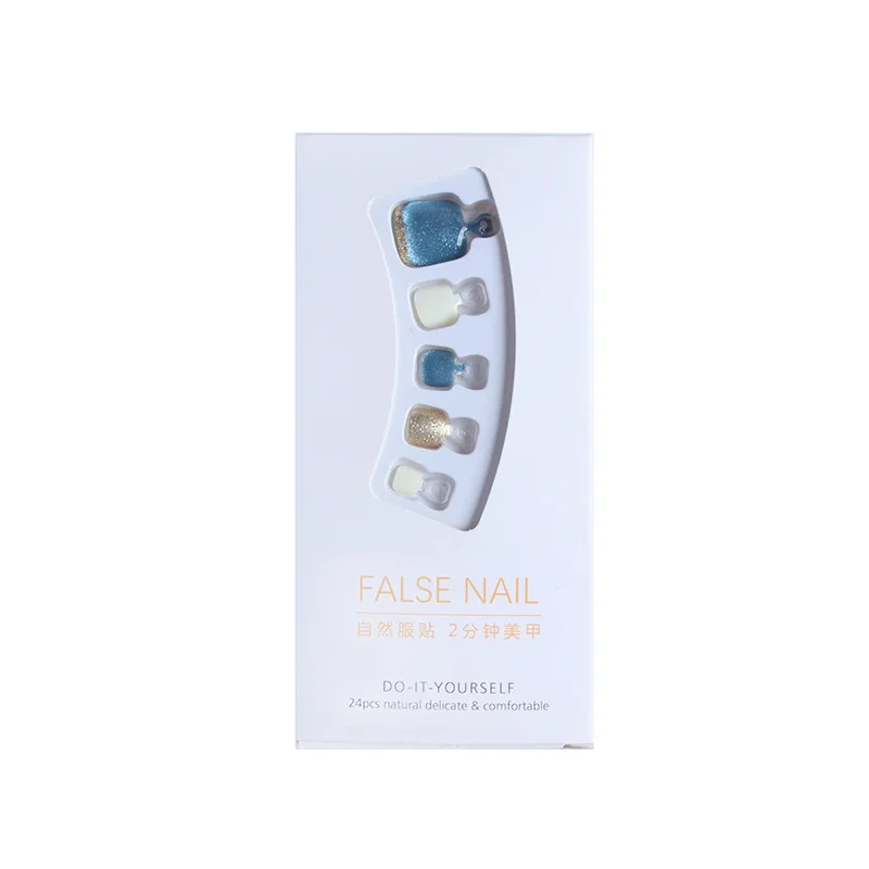 24pcs Gold Glitter Sequins False Toenails Fashion Blue Square Head Artificial Toe Nails Detachable Fake Toe Nails Full Cover