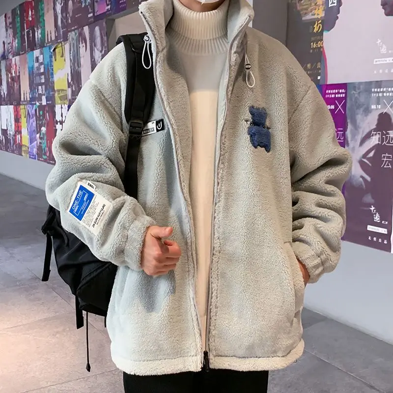 Autumn Winter New Style Men Coats Fashion Warm Lamb Wool Coat Warm Cotton Clothes Male Loose Stand-up Collar Zipper Tops
