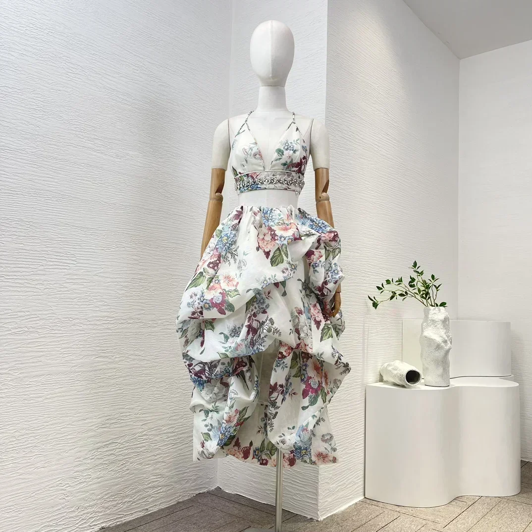 

Latest Collection White Floral Print Sleeveless Diamonds Crop Tops and Ruched High-low Midi Skirt Set