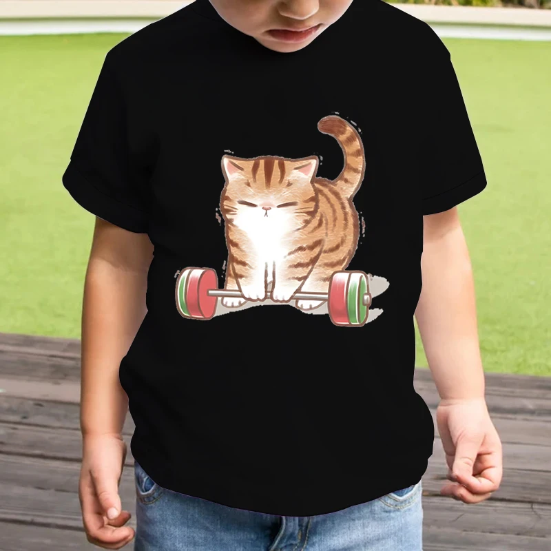 

Weightlifting Cat Graphic Kids Cartoon Tshirts Summer Short Sleeve Tees Cute Animal Brand Boys Girls Kawaii Kitten Tops Tshirt