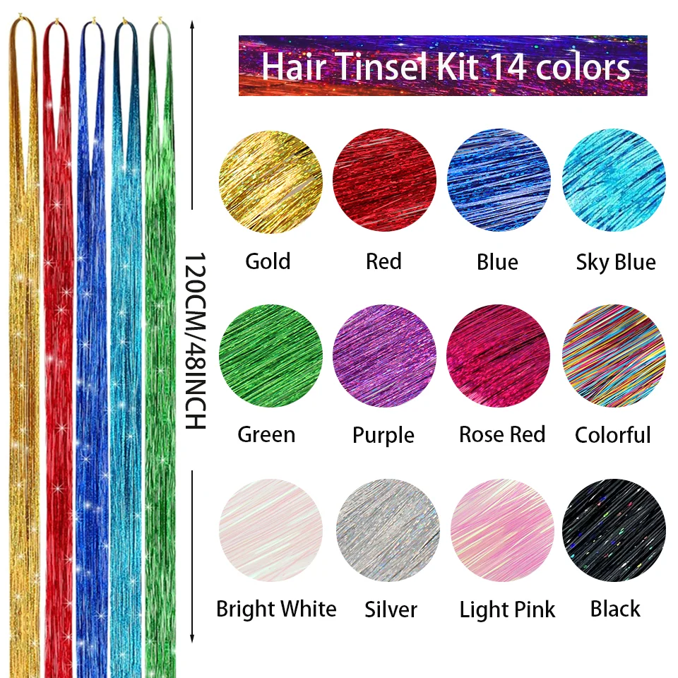 Hair Tinsel Kit Fairy Tinsel Hair Extensions With Tool 12 Colors Heat Resistant for Christmas New Year Party 48inch