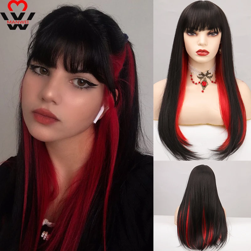 

MANWEI Long Natural Straight Blonde Wig With Bangs Cosplay Party Lolita Synthetic Wigs Women wigs Heat Resistant Fiber