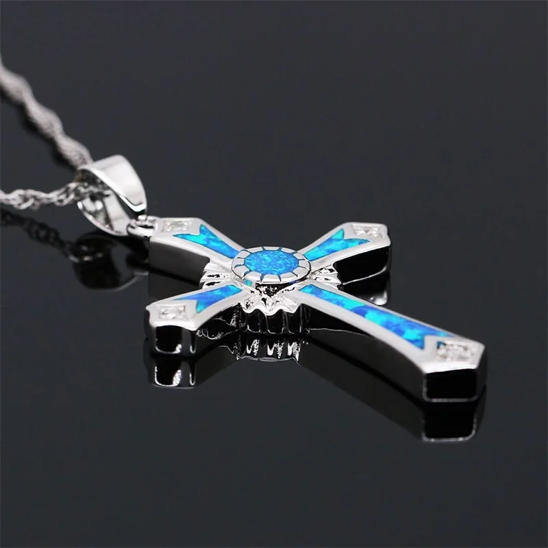 OIDEA Stainless Steel Cross Pendant Necklace For Men & Women - High Polish, Hollow Design, Blue Tone