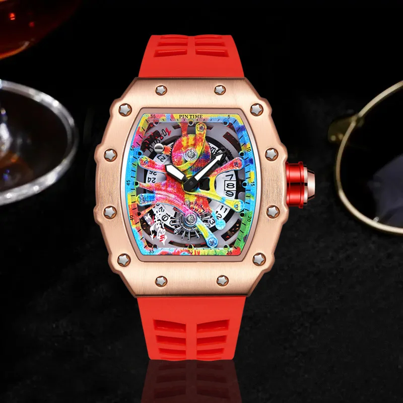 High-end Colored Hip Hop Dial  PINTIME Watch for Men Silicone Strap Stainless Steel Case Fashion Waterproof Quartz Wristwatch