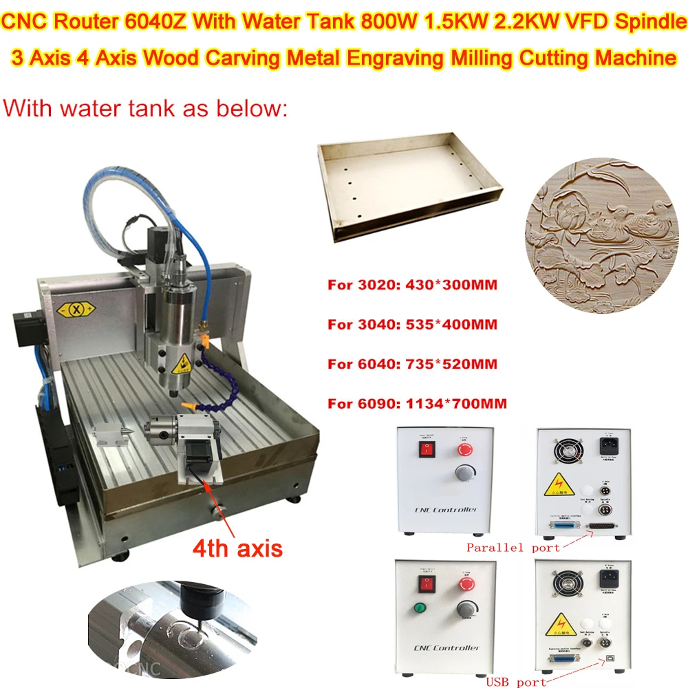 Router Cnc 6040Z Con Serbatoio Dell'Acqua 800W 1.5Kw 2.2Kw Vfd Mandrino 3 Assi 4 Assi Intaglio Del Legno Fresatrice Per Incisione Su Metallo