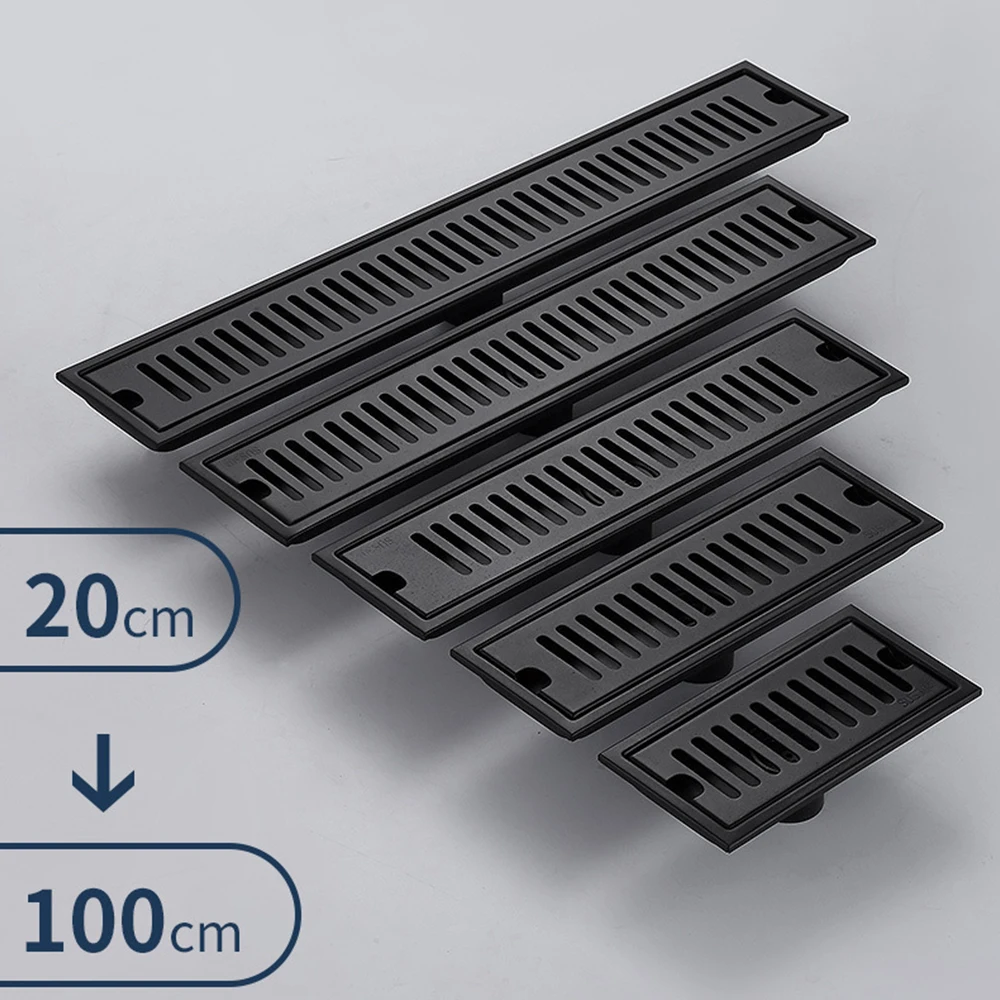 Description Picture 3 of item20-100cm Black Side Outlet Shower Drain Stainless Steel Bathroom Floor Drainage Linear Waste Drain Cover Roof Kitchen Accessory